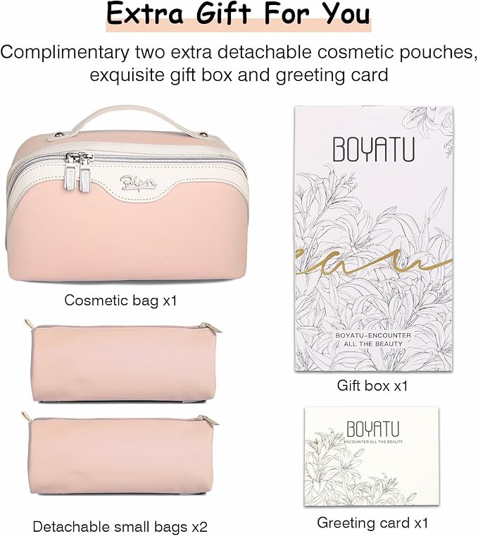 BOYATU Travel Makeup Bag Organizer Cosmetic Bag: 3 Pcs Set Make up Bags for Women with Handle - Waterproof Vegan Leather Toiletry Bags Travel Essentials Pouch with Compartments (A-09-Pink)