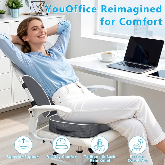 Seat Cushion, Lumbar Support Pillow with Adjustable Strap-Chair Cushions for Sciatica Pain Relief-with Washable Cover Memory Foam for Car, Travel and Wheelchair Gray/X-Large