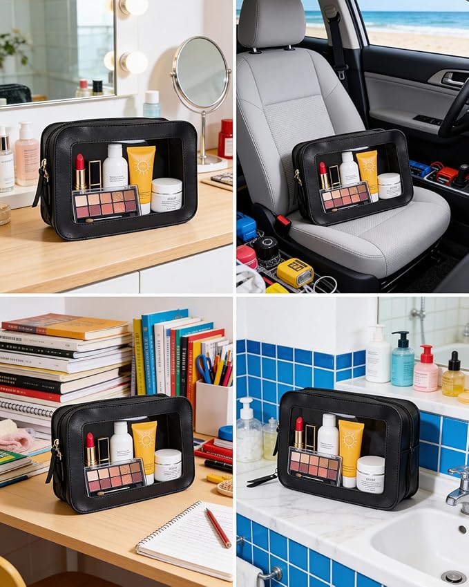 LETGO 2Pack Clear Makeup Bags, Portable Clear Makeup Brushes Bag Case Travel Car Accessories Essentials,Slim Makeup Pouch for Purse for Women (2Pack-Black Set)