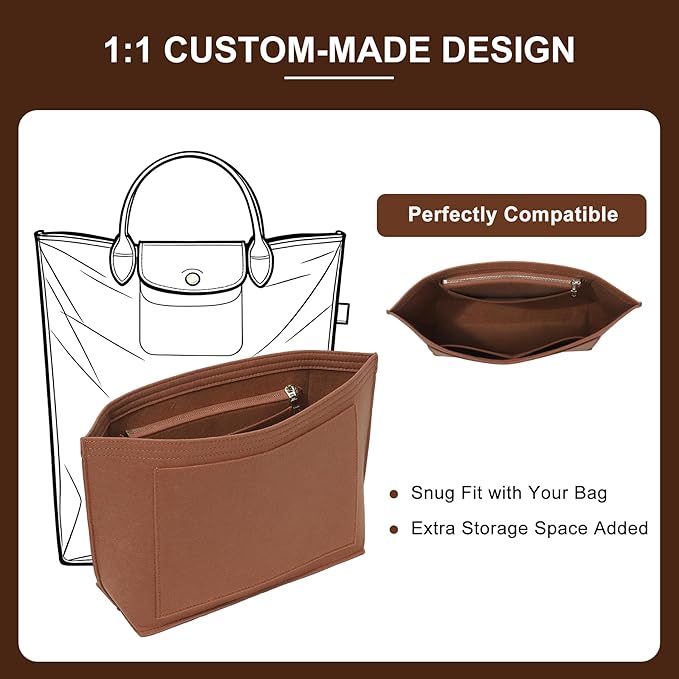 Doxo Felt Purse Organizer Insert for Longchamp Le Pliage M Totes, Longchamp Orgainzer Insert Meduim with 7 Compartments & YKK Zipper | Fits Long Champ Meidum Top Handle Tote Bag (SM, Gold Brown)