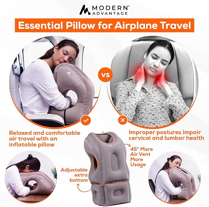 Modern Advantage Inflatable Travel Pillow with Adjustable Extra Bottom Support Neck Pillow for Chin & Head Stability Prevents Neck Pain Plane Pillow for Long Flight Travel - Eye Mask & Earplugs - Grey