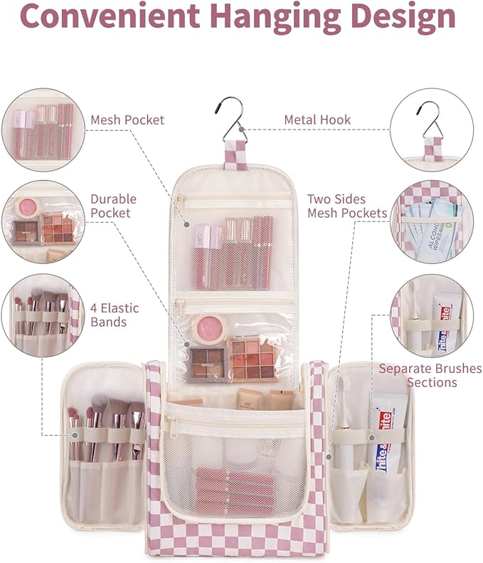 Narwey Checkered Hanging Travel Toiletry Bag for Women, Travel Bag for Toiletries, Makeup Bag Organizer Cosmetic Bags Make Up Bags for Women (Dusty Rose Checkerboard)