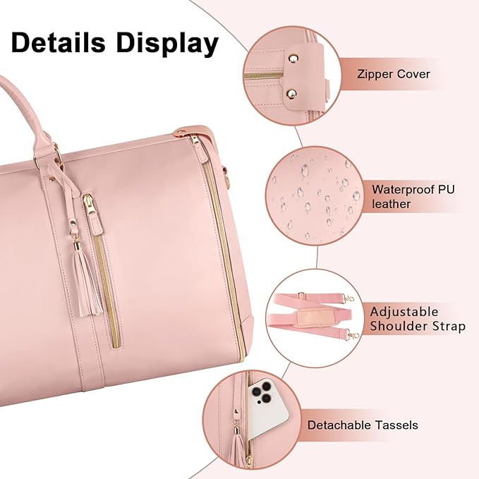 Ytonet Rolling Garment Bags for Travel, Convertible Carry On PU Leather Travel Bag 2.0 Roller Edition, 3 in 1 Suit Garment Duffle Bag with Wheels and Shoe Pouch for Business Wedding Overnight, Pink