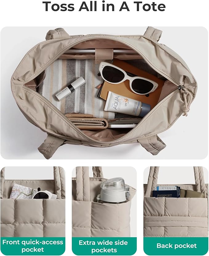 BAGSMART Expandable Tote Bag for Women, Puffer Work Tote Handbag, Quilted Carry On Bag for Travel Gym