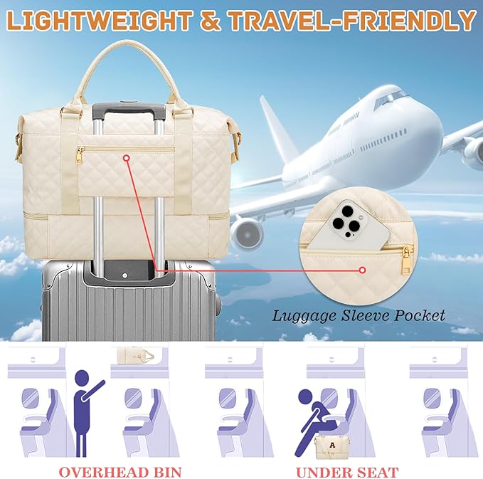 Gifts for Women Initial Travel Duffle Bag Quilted Weekender Bags Carry-On Overnight with Cosmetic Bag, Gym Bag with Shoe Compartment Hospital Bag for Women Labor Delivery, Beige-B