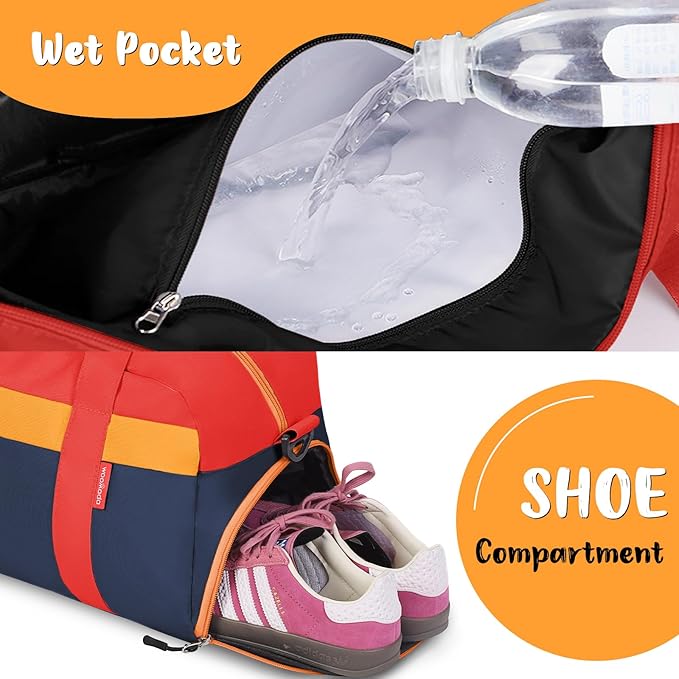 WOOMADA Kids Duffle Bag for Boys or Girls, Kids Overnight Bag with Shoe Compartment＆Wet Pocket, Ideal for School Practice, Sports, Travel(red&dark blue)