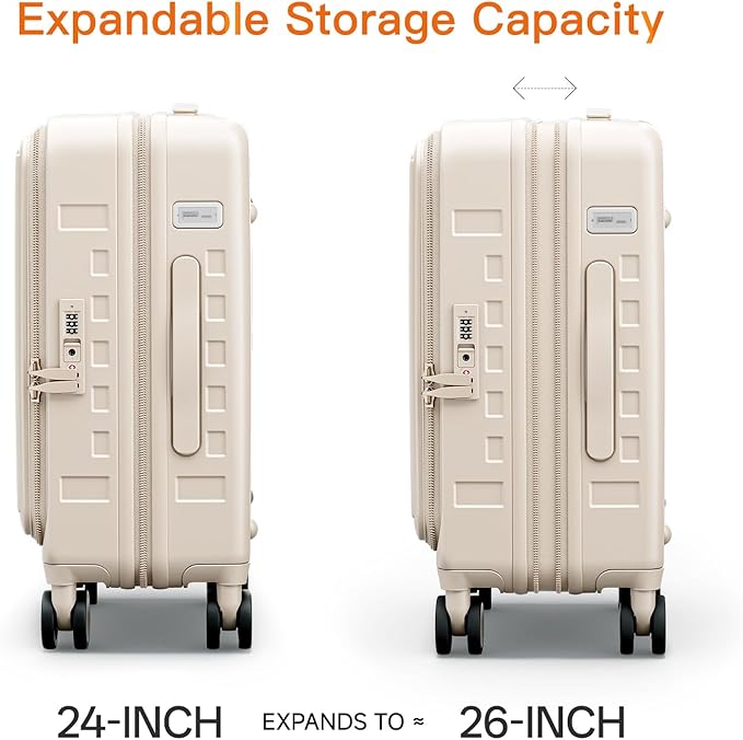 Expandable Lightweight PC Hard Shell Suitcase, 24-inch Luggage with TSA Lock, Top Opening & Cup Holder - Ideal for Business Travel Suitcase (Beige, Checked-Medium 24-Inch)