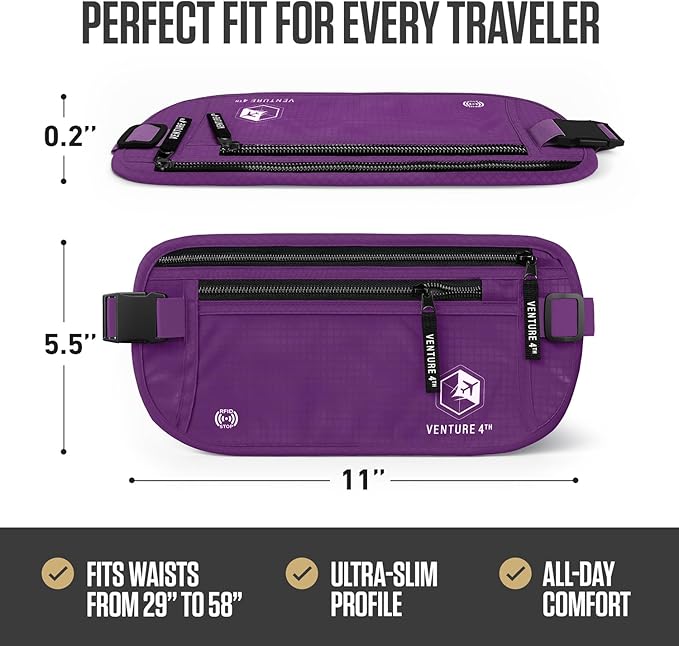 VENTURE 4TH Money Belt for Travel – Hidden Under-Clothes RFID Blocking Passport Holder & Slim Travel Wallet Pouch for Men & Women to Protect Cash, Cards & Documents (Purple)