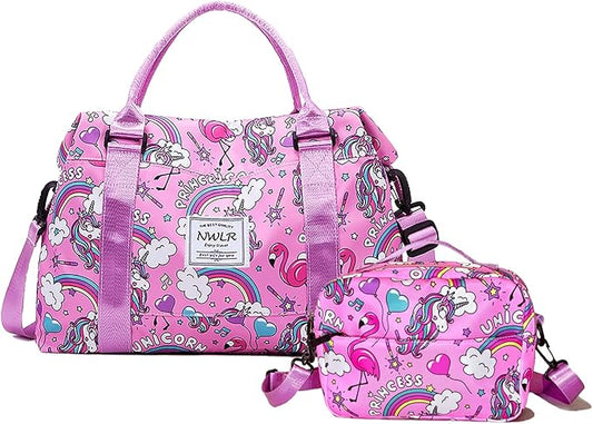 Travel Duffle Bag Weekender Overnight Bag Gym Tote with Wet Pocket for Women Girls Shoulder Workout Duffel Bag Water Resistant (W-Rainbow Unicorn+Toiletry Bag)
