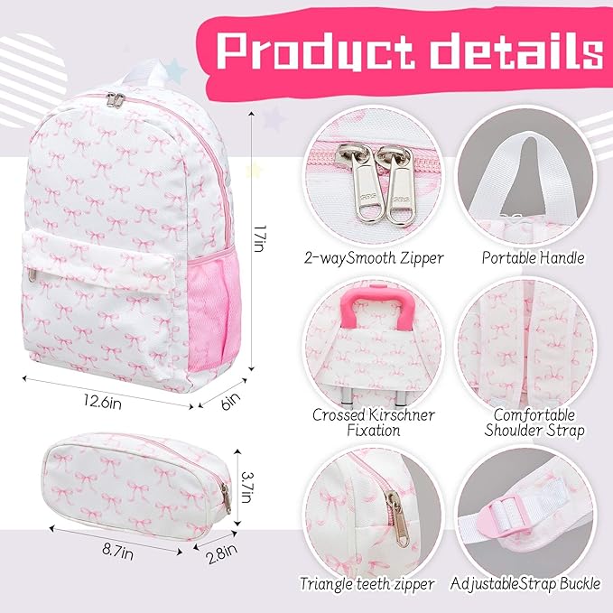 Redbaker 17 Inch 6 Pcs Kids Luggage Set Gifts for Christmas Kids Rolling Luggage Double Pattern Suitcase for Boys Girls (Pink, Bow Style)