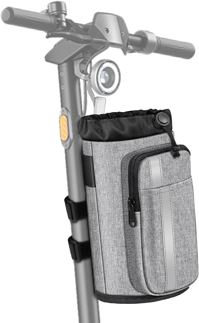 FINPAC Cup Holder for Bike, Universal Water Bottle Holder with Phone Pockets for Stroller Walker Golf Cart Rollator and Scooter, Outdoor, Biking - Gray