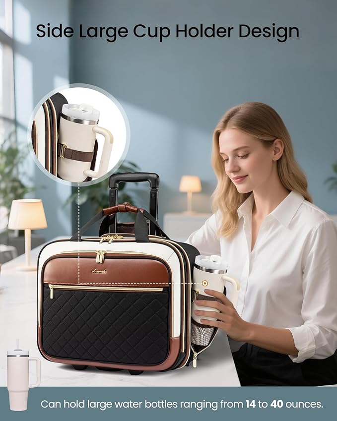 LOVEVOOK Rolling Laptop Bag Women, 17.3 Inch Laptop Briefcase with Wheels, Soft Sided Underseat Carry On Luggage Personal Item Suitcase for Work Travel Business, Black Brown Beige