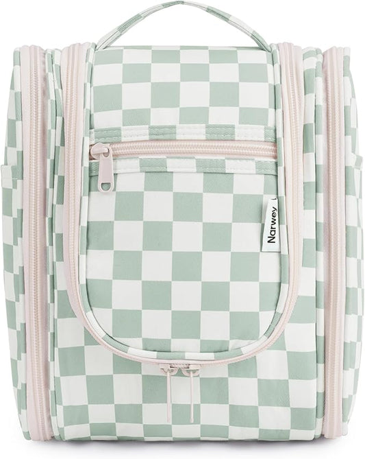 Narwey Hanging Travel Toiletry Bag for Women, Travel Bag for Toiletries, Checkered Makeup Bag Organizer, Cosmetic Make Up Bags for Travel Size Essentials, Skincare, Brushes (Mint Green Checkerboard)