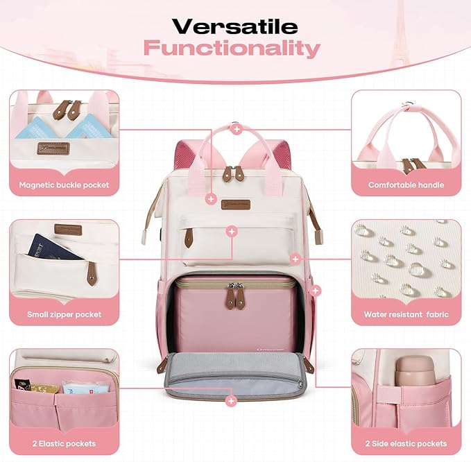Maelstrom Travel Backpack for Women Men,Laptop Backpack Fits 15.6-17.3 Inch Laptop, Nurse/Work Bag with Insulated Lunch Box (Pink-beige)
