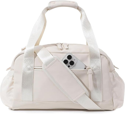 Small Gym Bag for Women, Mini Crossbody Gym Duffle Bag with Wet Compartment, Carry on Gym Tote Bag for Workout Dance Sport Travel (Medium-Beige)