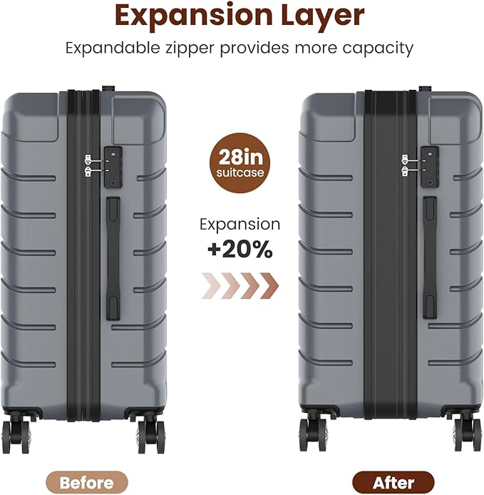 Luggage Sets 3 Piece, Hardside Carry On Suitcase with Spinner Wheels, Lightweight Durable Luggage for Travel | TSA Lock, Expandable Suitcase Set for Men and Women（20/26in） (Grey)