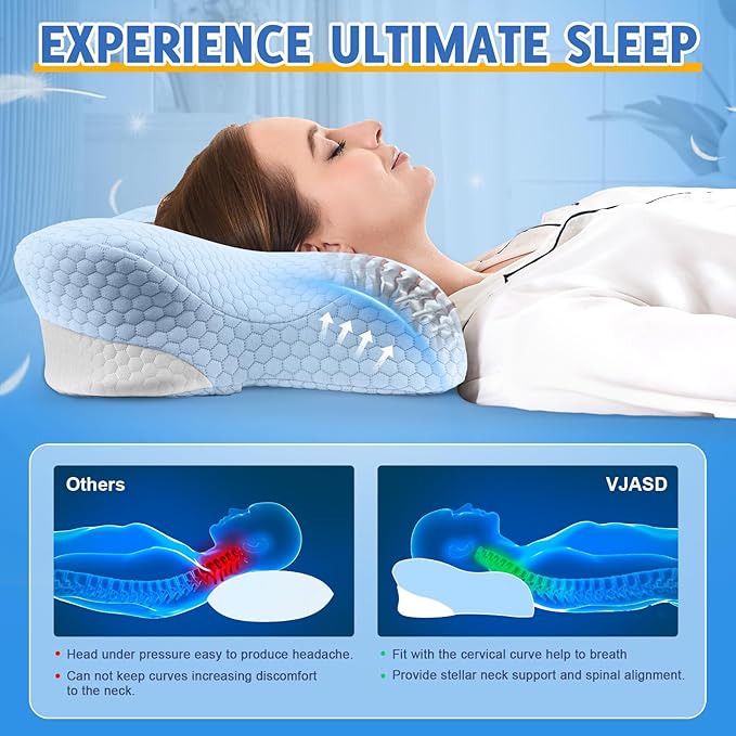 Cervical Neck Pillows with Memory Foam - Neck Pillows for Pain Relief Contour Memory Foam Pillows Ergonomic Neck Support - Adjustable Orthopedic Pillows with Breathable Pillowcase for Sleeping Blue