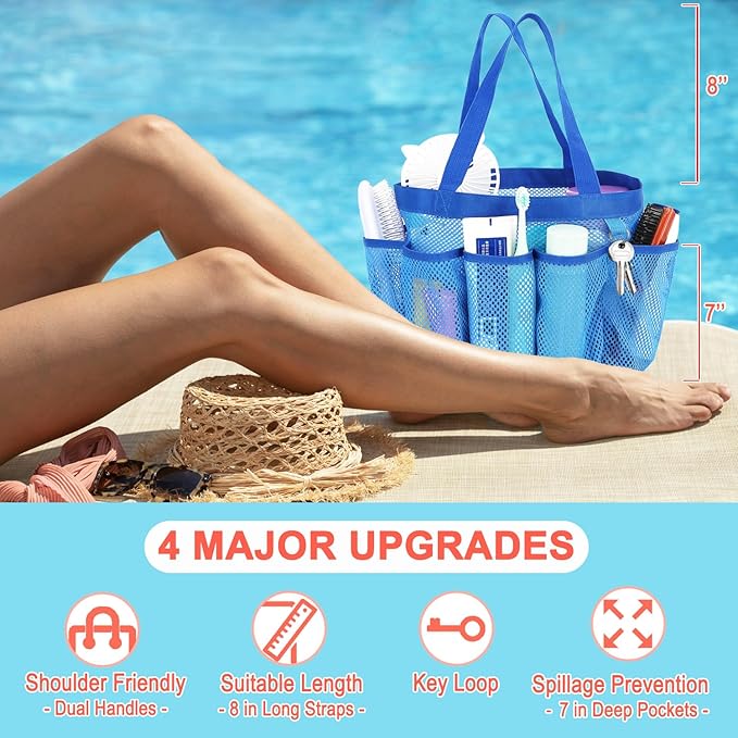 Fammart Mesh Shower Caddy Portable for College Dorm Room Essentials, 8-Pocket Large Shower Basket Tote Bag with 2 Handles for Toiletry, Bathroom, Beach, Camp, Gym