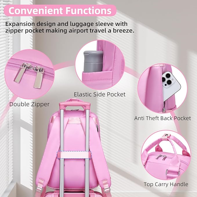 LARVENDER Carry on Luggage 22x14x9 Airline Approved Hardshell Suitcase with Wheels TSA Lock, PC+ABS Lightweight Suitcase Set for Women with Travel Backpack, Peach Sparkling, 3 Piece Set