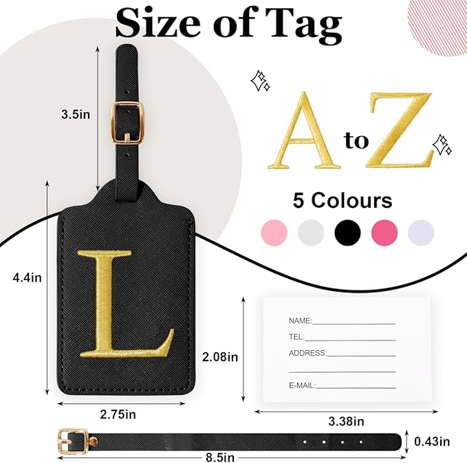 Personalized Initial Luggage Tags for Suitcases,Leather Letter Cute Luggage Tags with Privacy Name Card,Embroidered Monogrammed Travel Bag Backpack Tag Gifts for Women Kids Girls Teens(Black-L)
