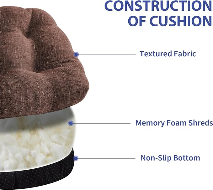 Chair Cushions for Dining Chairs Set of 2, Kitchen Chair Cushions, Chair Pads with Ties and Non Slip Backing, Tufted Memory Foam Seat Cushion 2 Pack, 15.5" x 15.5" x 4", Brown