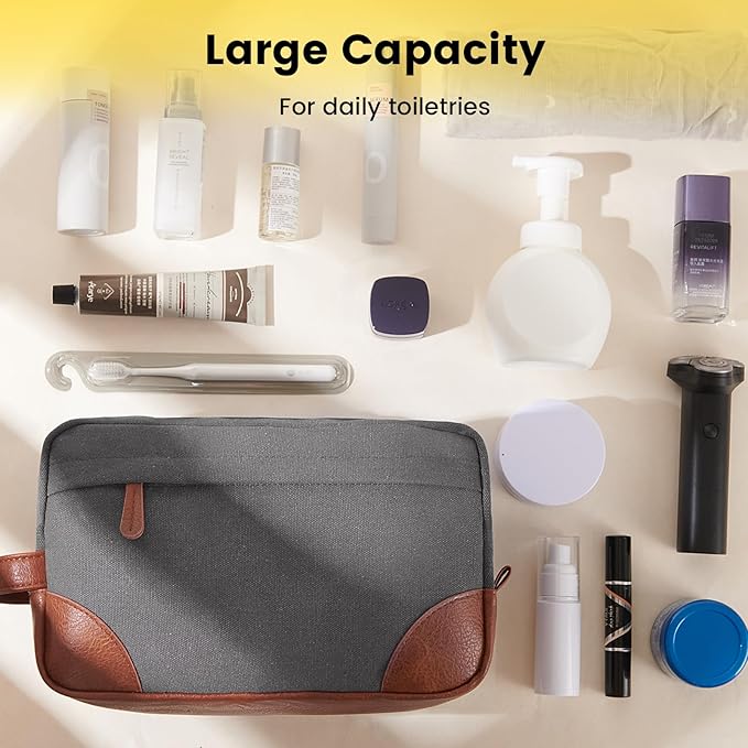 Vorspack Large Travel Toiletry Bag - Hanging Toiletry Bag for Men Water Resistant Canvas Shaving Bag with Large Capacity for Home Travel - Light Grey