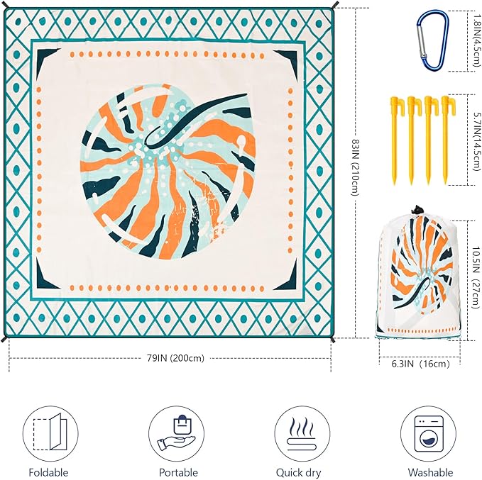Beach Blanket Waterproof Sandproof Extra Large Beach Mat 79" X 83"/120"x108"for 1-8 Adults Quick Drying Durable Outdoor Picnic Mat for Beach Travel Camping Hiking