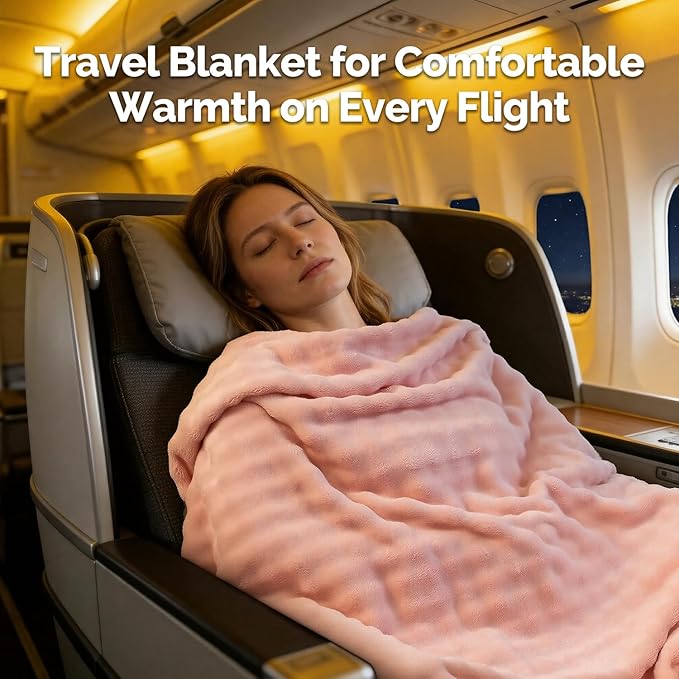 Pink Travel Blanket for Airplane, Soft Lightweight Flannel Blanket, Compact & Portable with Storage Bag, Luggage Strap & Clip, Cozy Travel Essential for Flights, Road Trips & More,40.7" x 64.1"