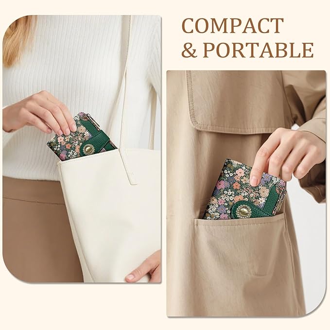 Icycay Floral Flowers Small Wallet Women RFID Blocking Bifold, Credit Card Holder, Zipper Coin Pocket, PU Leather, Compact, Travel, 4 ID Window, 14 Card Slots, Cash Purse, Ladies Woman Female Girls