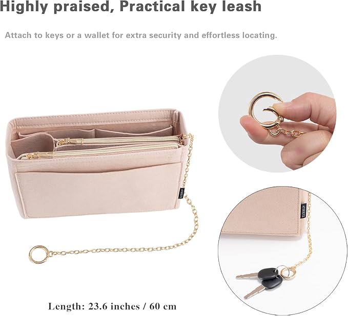 Purse Organizer Insert, Handbag Organizer with Zipper, Tote Shaper with Cup Holder & Keychain, Compatible with LV, Neverfull, MK, COACH, Longchamp, Kate Spade– Khaki-Sl. Med