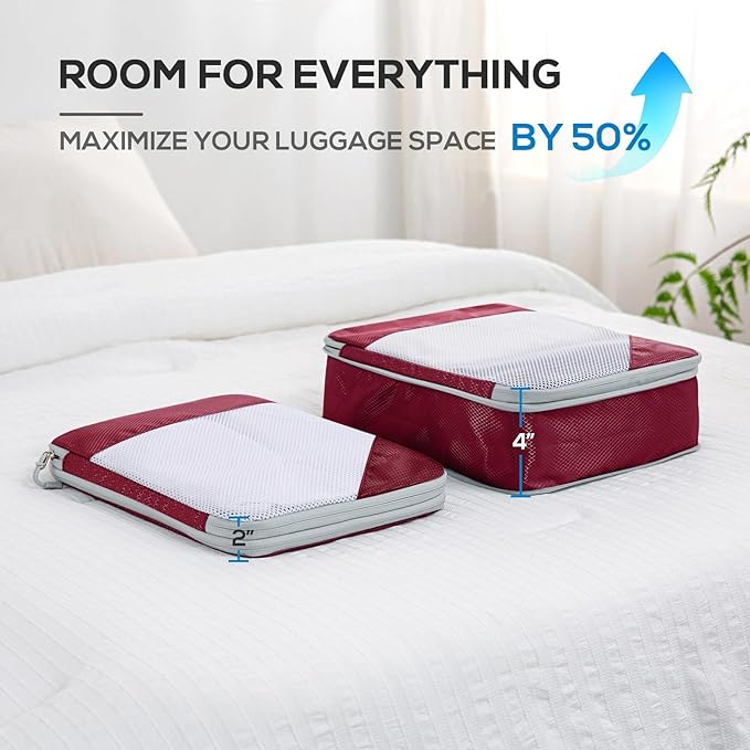 Compression Packing Cubes, 7 Set Packing Cubes for Travel Compression, Lightweight Compressible Package Organizer for Carry On and Suitcases, Wine