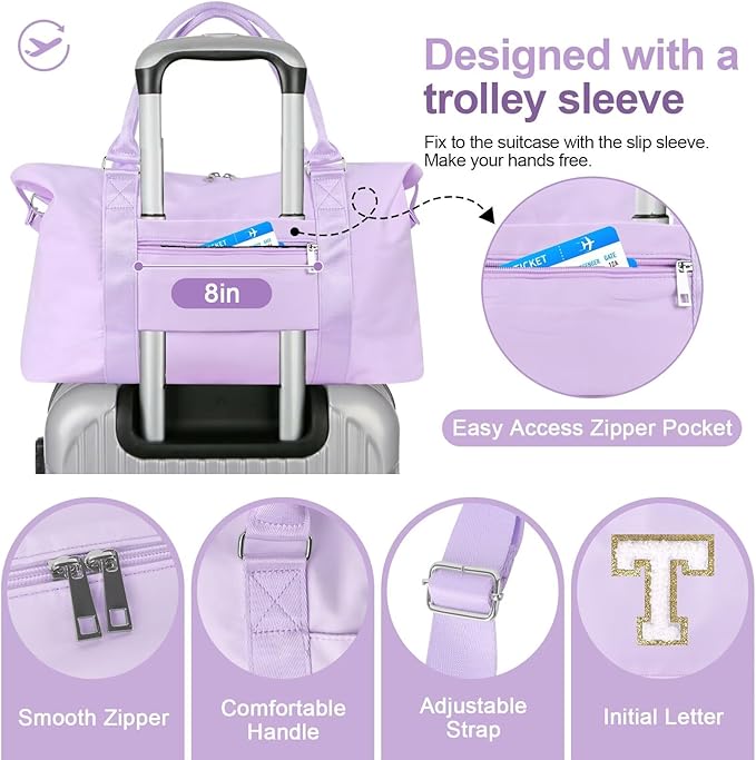 Dance Gym Duffel Bag for Teen Girls, Personalized Initial Travel Weekender Bag,Cute Overnight Carry On Duffle for Women,Sports Travel Cheer Bag,Monogram Christmas Gifts for Tween Preppy(purple-T)