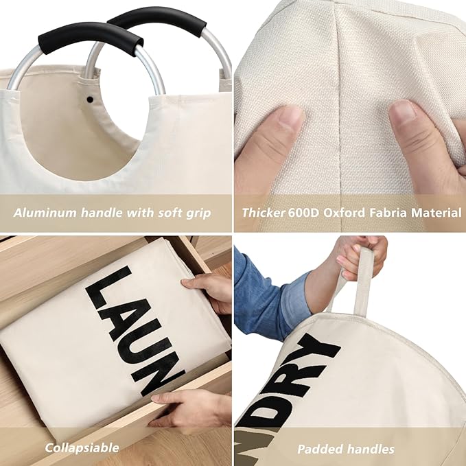 90L Large Laundry Basket, Freestanding Tall Clothes Hamper, Collapsible Laundry Bag, Beige