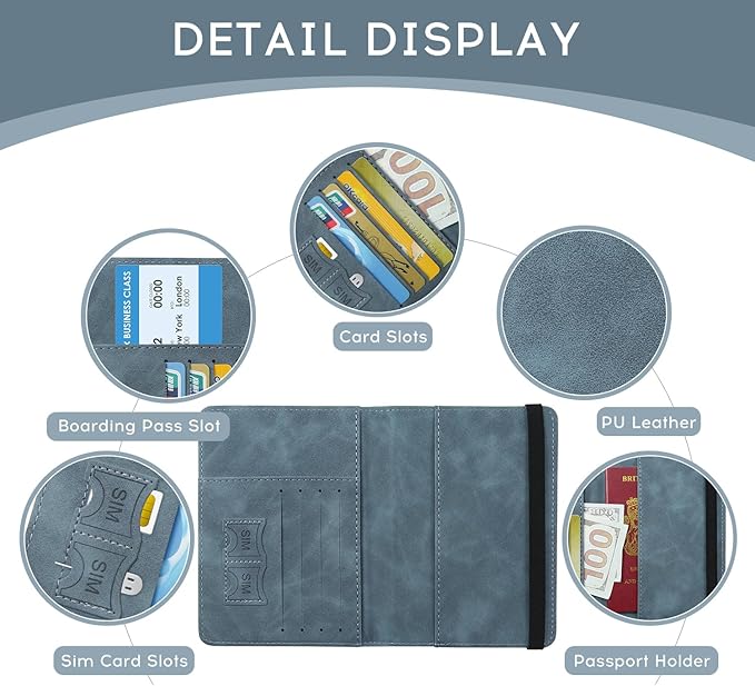 ILIYAH-Passport Cover-Passport Holder Travel Wallet-RFID Blocking Passport Case Travel Accessories Card Holder Wallet Unisex Travel Gifts (Greyish Blue)