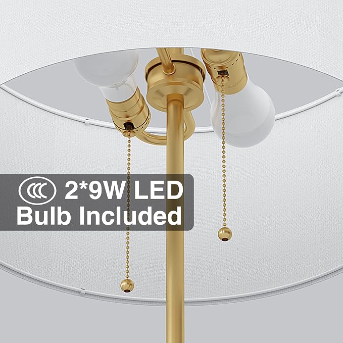2-Light 3 Color Temperature Mid Century Floor Lamp for Living Room | 61" Black&Gold Tall Standing Lamp for Bedroom and Office with White Fabric Lampshade, 3000K/4500K/6500K 9W Bulb Included