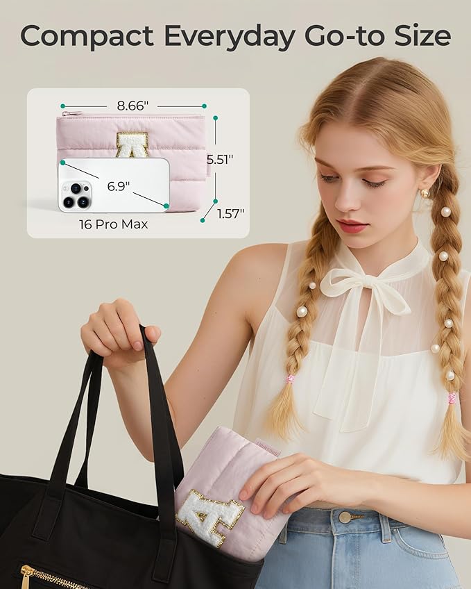 BAGSMART Personalized Makeup Bag with Initial, Pink Small Cosmetic Travel Organizer, Water-Resistant Pouch for Women & Teens for Bridesmaid Graduation (Initial-K, Small)