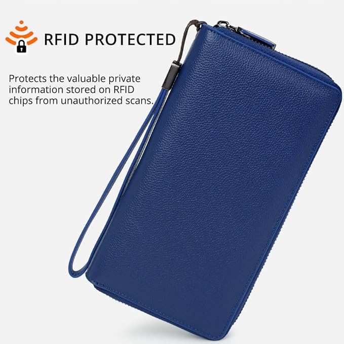 Bveyzi Women RFID Blocking Wallet Leather Zip Around Phone Clutch Large Capacity Ladies Travel Purse Wristlet | RFID Blocking, Zip Around, Large Capacity