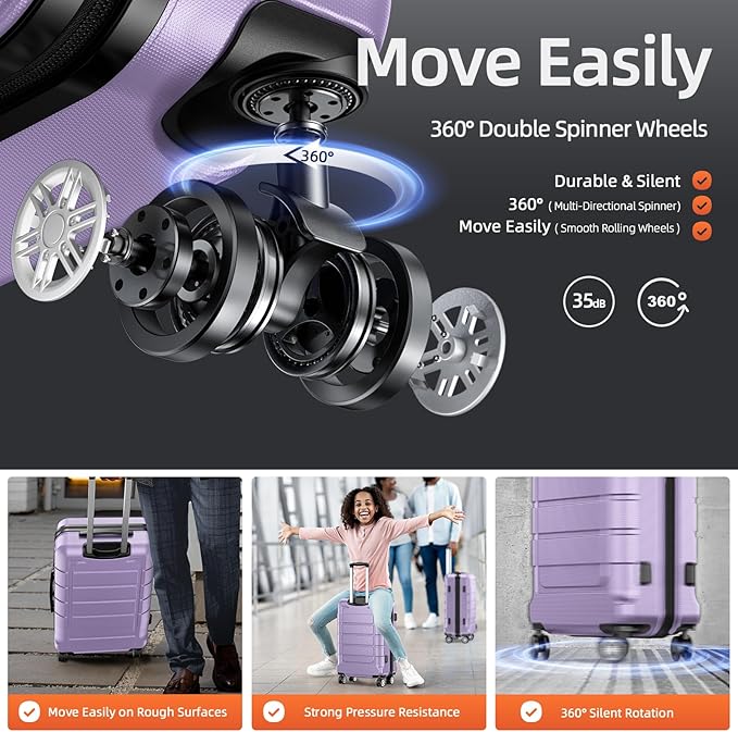 SHOWKOO Full PC Hardshell Luggage Sets, 20/24/28 In Suitcase with TSA Lock & Spinner Wheels, Lightweight Durable Travel Luggage Lavender Purple