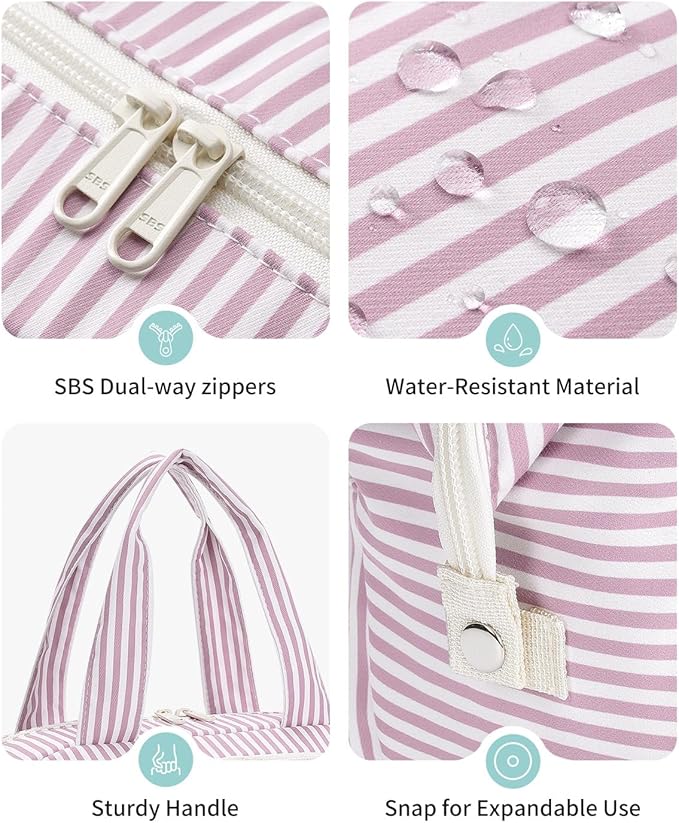 Narwey Travel Toiletry Bag for Women, Wide Open Large Makeup Bag, Cosmetic Bag Make Up Organizer with Handle, Wet Pocket for Towel, Travel Bag for Toiletries, Brushes, Essentials (Dusty Pink Stripe)