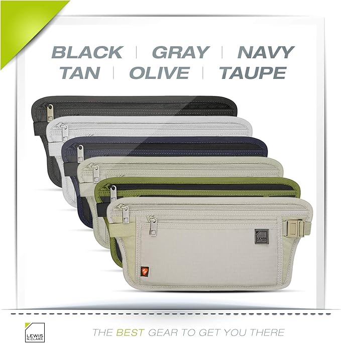 Lewis N. Clark Travel Money Belt Pouch, Slim RFID Blocking Anti Theft Waist Stash Pouches for Cash, Cards and Passport Holder