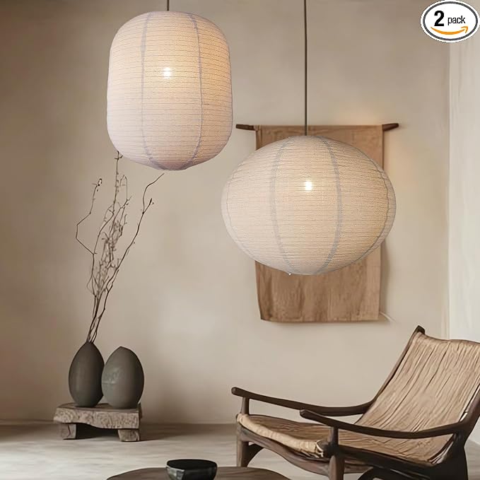 METHEDEECO Hanging Lamp Shade Set, Nature Beige, 2PCS | Oval 20x15 in + Cylinder 13.5x17 in, Foldable Minimalist Pendant Lantern Shade for Bedroom Living Room Kitchen, Shades Only