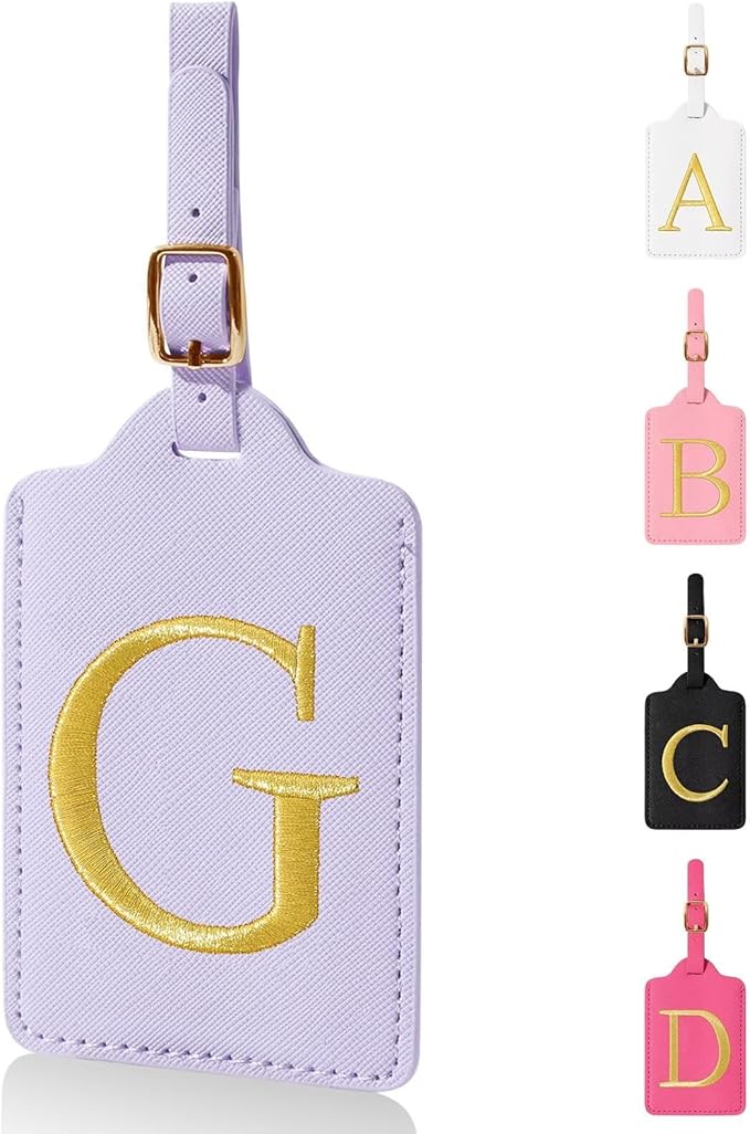 Personalized Initial Luggage Tags for Suitcases,Leather Letter Cute Luggage Tags with Privacy Name Card,Embroidered Monogrammed Travel Bag Backpack Tag Gifts for Women Kids Girls Teens(Purple-G)