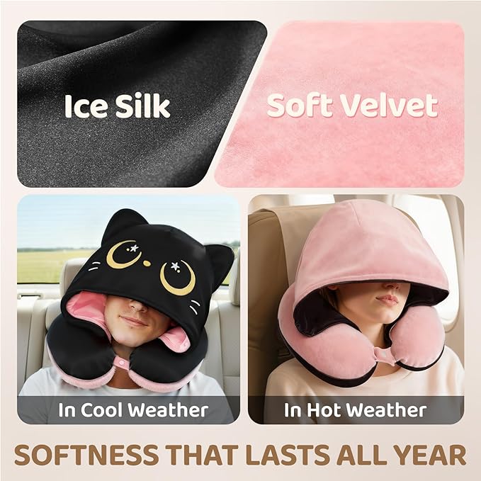 Mewaii Travel Neck Pillow with Hood for Airplanes,Memory Foam,Breathable Ice Silk & Soft Velvet,Double-Sided,Removable to Clean,Adjustable Strap,Portable Travel Pillow for Long Flights Adults & Teens