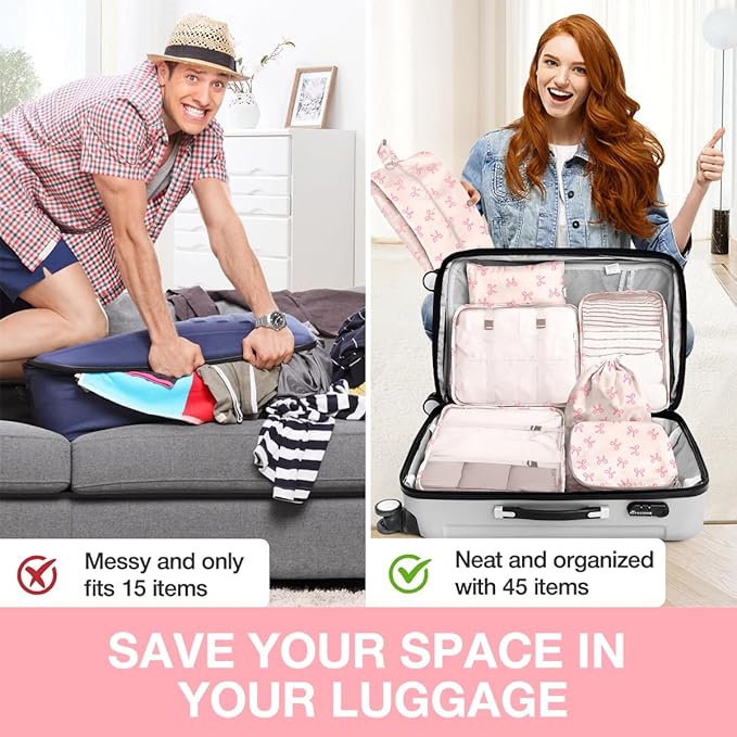 8 Set Packing Cubes for Suitcases,Suitcase Organizer with Shoe,Cosmetics,Clothing, and Accessories Bags for Travel Luggage Organizer Women Men(Pink Bows)
