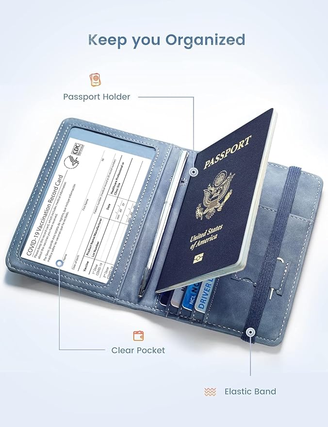 Passport Holder Passport Case Travel Wallet with Vaccination Card Holder Passport Cover with RFID Blocking Clear Pocket For Photo