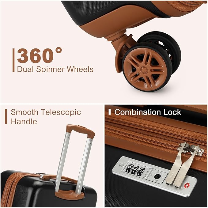 Kono Expandable 28 Inch Large Checked Luggage: ABS+PC Hardside Trolley Travel Case - Hard Shell Suitcase with TSA Lock, Black Brown