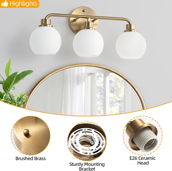 Bathroom Light Fixtures Gold Vanity Light 3 Light Brushed Brass | Wall Sconces Lighting with Milk Globe Glass Shades Bath Wall Lamp for Mirror Kitchen Living Room Bedroom Hallway