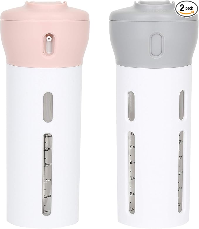 Travigo 4-in-1 Travel Dispenser Bottle Set, TSA Approved, Leak Proof, Reusable 1.4 oz. (40 mL) Toiletry Containers for Shampoo, Conditioner, Soap, Lotion, Skincare (2 Pack, Pink & Gray)