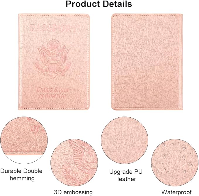 Passport Holder, Passport Holder Men, Passport Wallet Travel Must Haves, 1 Pack Passport and Vaccine Card Holder Combo, Travel Documents Organizer Protector for Travel Accessories, Rose Gold