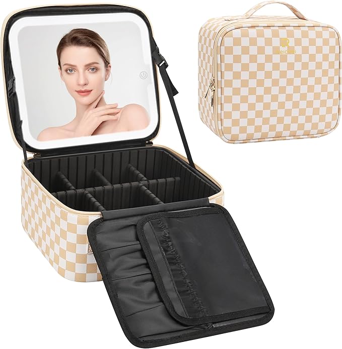 Relavel Travel Makeup Bag With LED Mirror, Cosmetic Train Case with Light up Mirror, Portable Makeup Artist Organizer Bag with Adjustable Dividers, Makeup Brush Holder Storage, Plaid